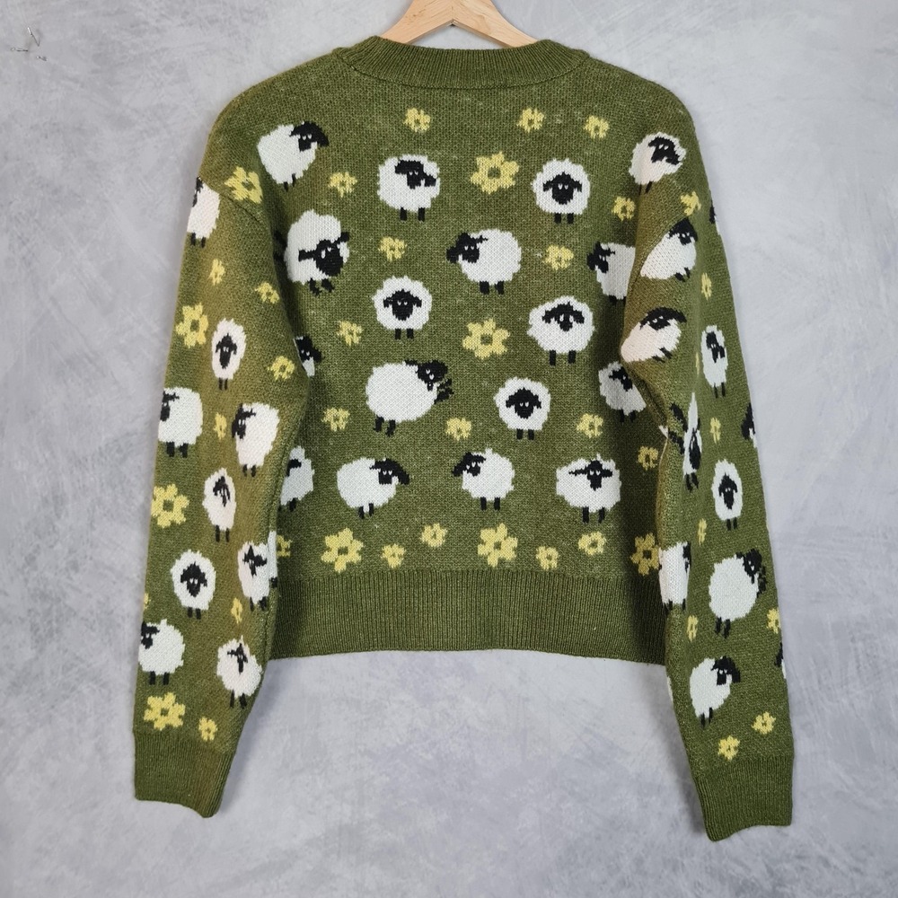 Zara Sweater Womens Medium Green Sheep Floral Graphic Knit Pullover Kawaii - Picture 11 of 16